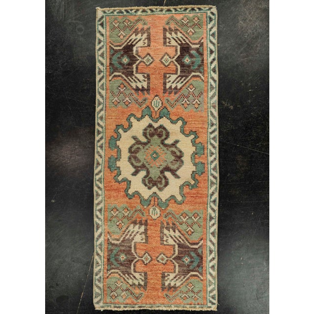 Salmon Turkish Mini Rug Oriental Hand Knotted Vintage Rug 1'8" x 4' #21185 For Sale - Image 8 of 8