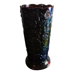 1970s Marked Fenton Amethyst Carnival Glass Peacock Ruffled Vase