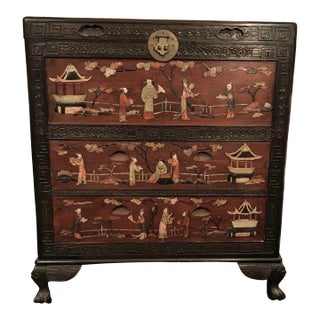 1900s Antique Chinese Inlaid Stone Camphor Wood Chest of Drawers For Sale