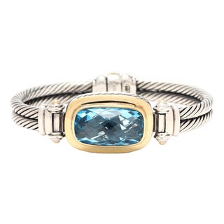 David Yurman Large Blue Topaz Bangle Bracelet, Sterling Silver & 18k Yellow Gold For Sale