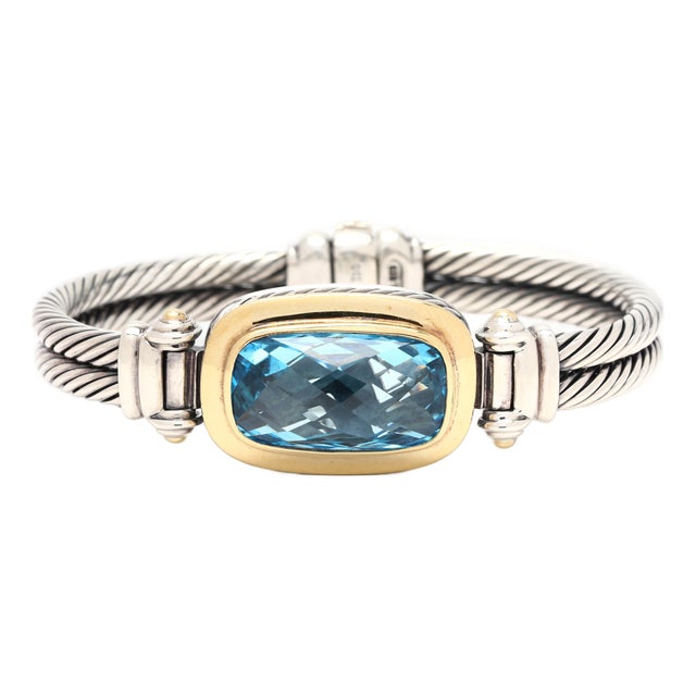 David Yurman Large Blue Topaz Bangle Bracelet, Sterling Silver & 18k Yellow Gold For Sale