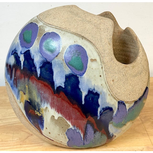 Ceramic Monumental Footed Raku Sphere Vase by Ken Pick, American Studio Pottery For Sale - Image 7 of 14