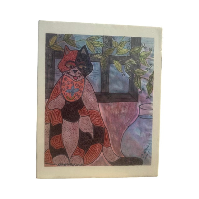 Original oil pastel/mixed media of a folk art cat. Signed and dated by the artist. J. Mowris, aka Jude Kirby. 14”x17” on...