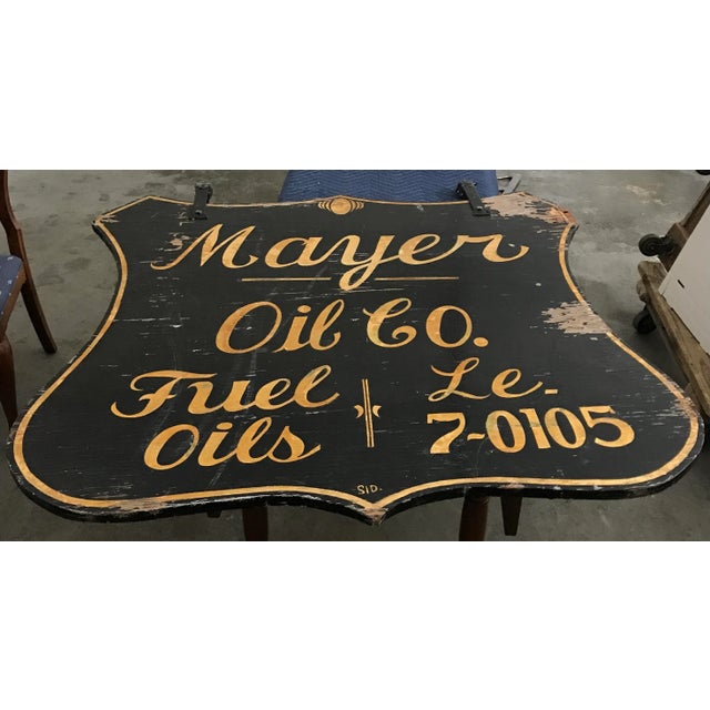 Rustic Mayer Oil Co..Black Painted Wood Gold Leaf Wood Gasoline Petrol Sign For Sale - Image 3 of 13