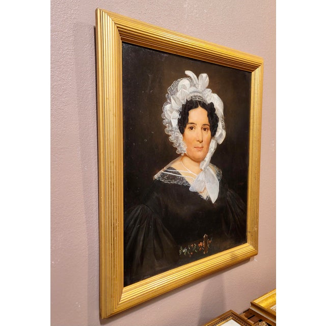 Portrait of a Lady Wearing a White Lace Bonnet-19th Century Oil Painting For Sale - Image 9 of 10