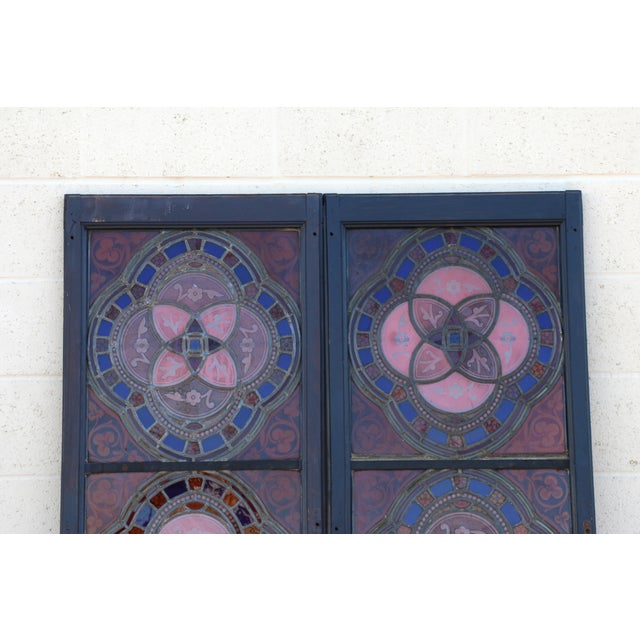 Antique Victorian Gothic Hand-Painted Stained Glass Windows in Wood Frames, Circa 1900 – Pair For Sale In Los Angeles - Image 6 of 18