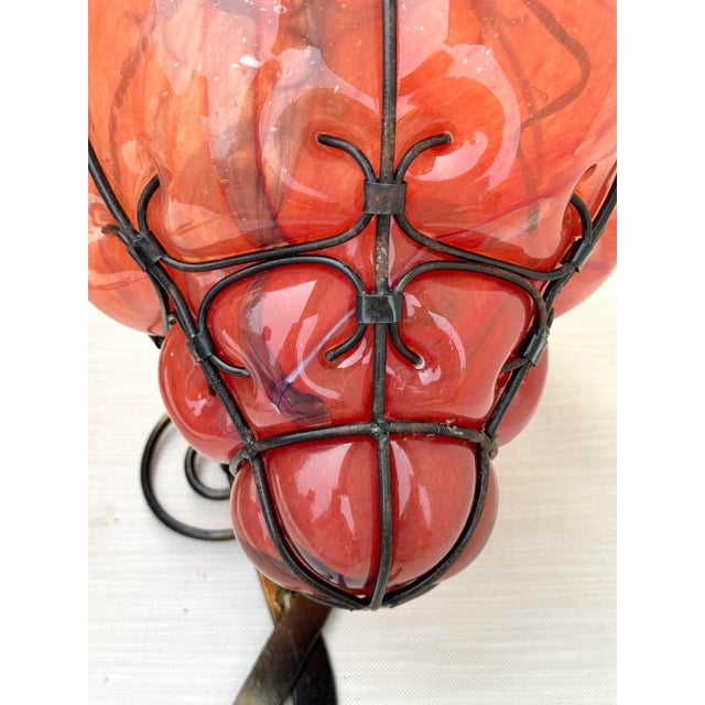 Light Pendants: Pair of Gorgeous Vintage Swirl Italian Murano-Style Caged Glass Lanterns in Coral/ Oranges: Caged Venetian Style For Sale - Image 10 of 10