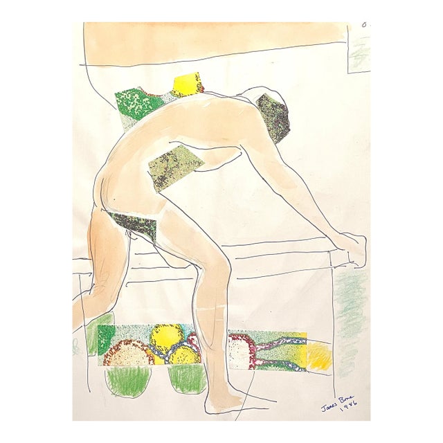 1986 Male Nude Collage & Watercolor by James Bone For Sale