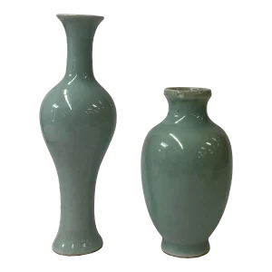 Chinese Clay Ceramic Ware Wu Light Celadon Small Vases- Set of 2