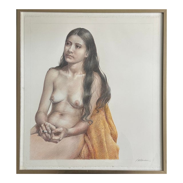 Vintage Realist Figurative Nude Study of Woman Smoking, Signed (Colored Pencil on Paper) For Sale