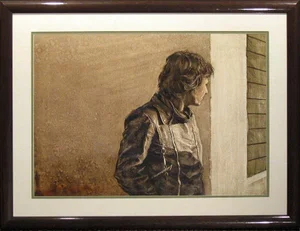 Tjarko Ten Have "Man Peeking Around Corner" Original Watercolor and Colored Pencil Drawing Framed, 1984
