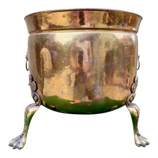 Vintage English Brass Lion Handle Footed Cachepot Planter For Sale