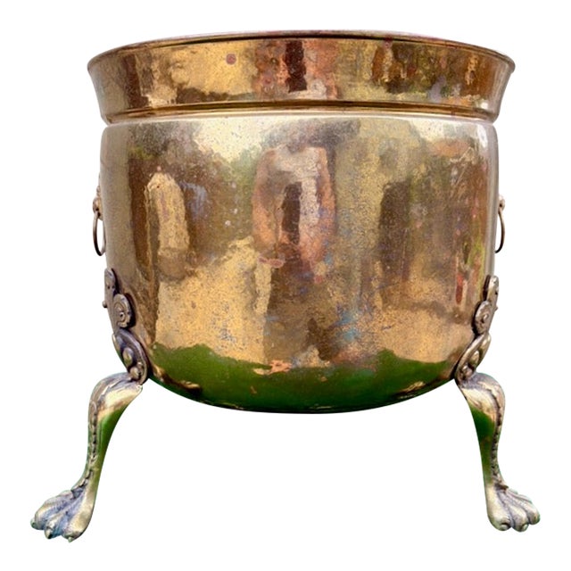 Vintage English Brass Lion Handle Footed Cachepot Planter For Sale