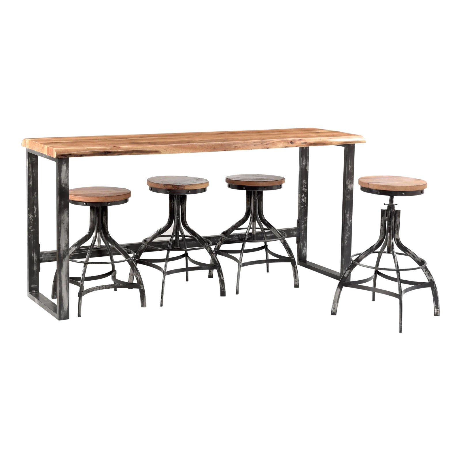 Live Edge Sofa Table With 4 Adjustable Stools - Set of 5 | Chairish