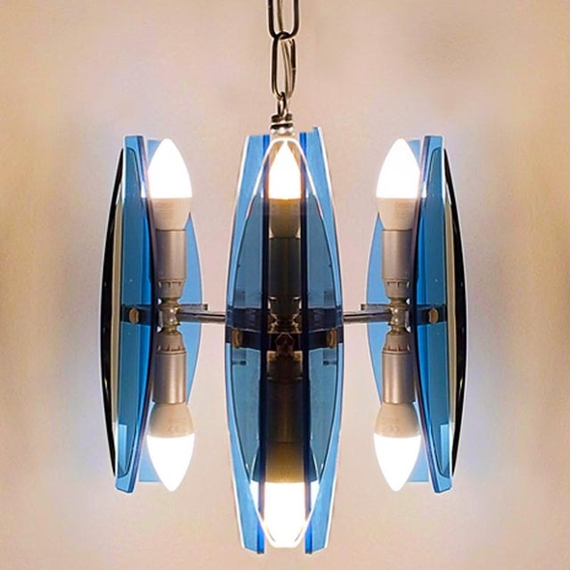 Glass Vintage Italian Blue and Smoked Glass Pendant Lamp by Veca, 1970s For Sale - Image 7 of 9