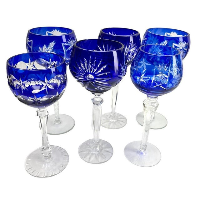 Cobalt Stem Glasses in Crystal, 1950, Set of 6 For Sale - Image 3 of 16