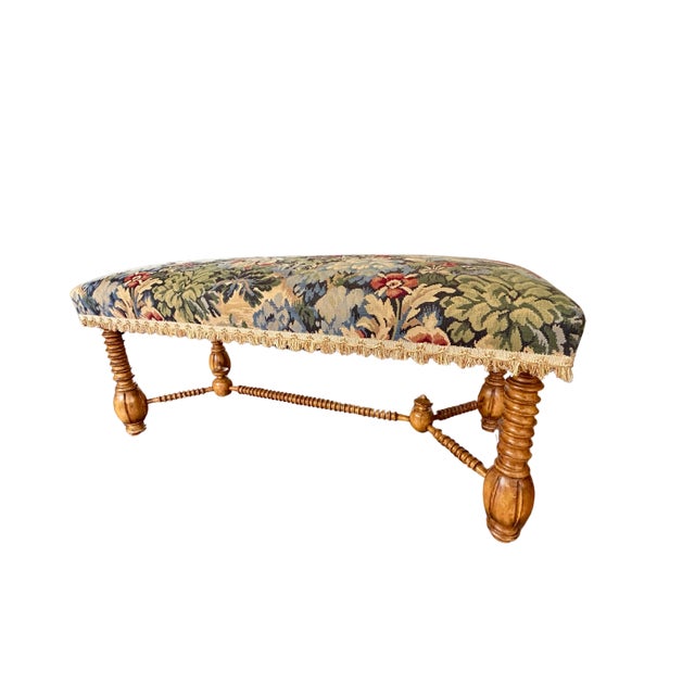 English Vintage Jacobean Tapestry Hall Bench With Turned Wood Legs, Scalloped Fringe & Upholstered Floral Seat For Sale - Image 3 of 12