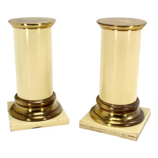 Pair Brass and White Beige Lacquered Wood Round Pedestals Table Bases Stands For Sale