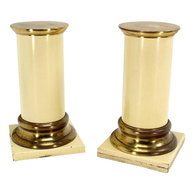 Pair Brass and White Beige Lacquered Wood Round Pedestals Table Bases Stands For Sale