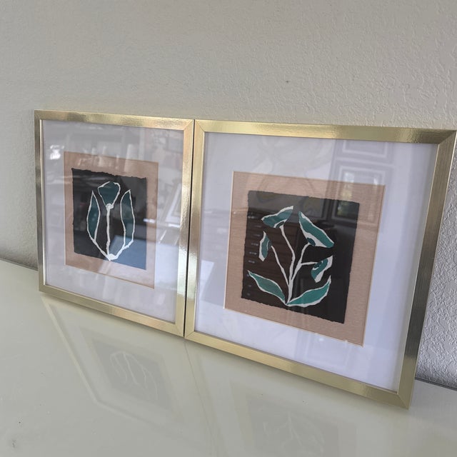 Abstract Original Abstract Floral Paintings Mounted on Fabric Matted and Framed - Set of 2 For Sale - Image 3 of 7