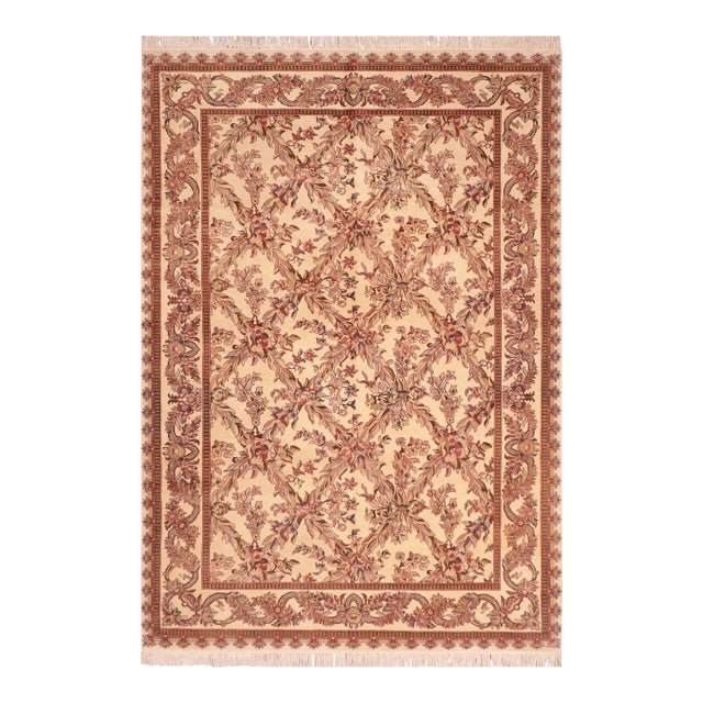 Shabby Chic Trellis 1990's Pak-Persian Ivory/Pink Wool Rug - 6'2'' X 9'3'' For Sale