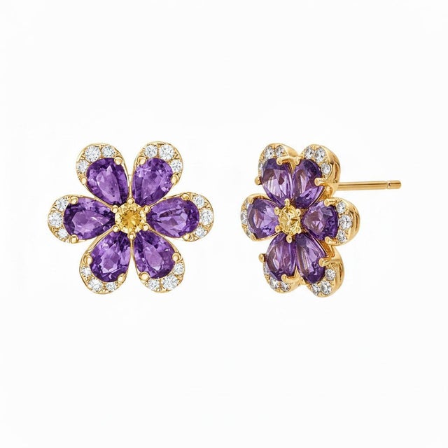 Flower Earrings Studs With Amethyst and Citrines, Silver, Gold, Pair For Sale - Image 4 of 7