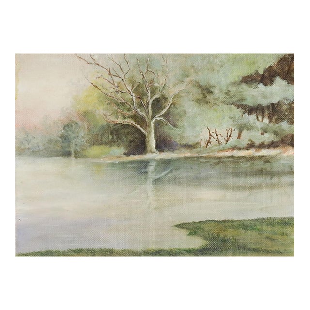 Mid 20th Century Small Celadon Tonal Lakeside Landscape Painting For Sale