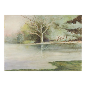 Mid 20th Century Small Celadon Tonal Lakeside Landscape Painting