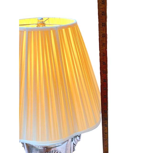 Antique Late 19th Century Silver-Plated Oil Lamp Converted to Table Lamp With Bird & Floral Decoration, 23" For Sale - Image 12 of 14