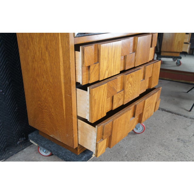 1970s Lane Staccato Mid Century Oak Brutalist Mirrored Clothing Armoire Cabinet 64" For Sale - Image 6 of 12