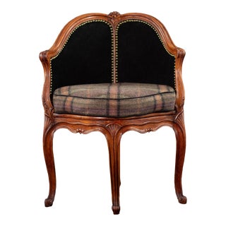 New Ralph Lauren on Antique Louis XV French Provincial Corner Bergere Chair, Reupholstered With Leather and Tartan Wool Antique Library Armchair For Sale
