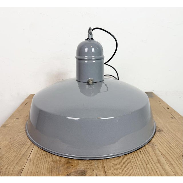 Industrial Grey Enamel Factory Pendant Lamp, 1960s For Sale - Image 15 of 18