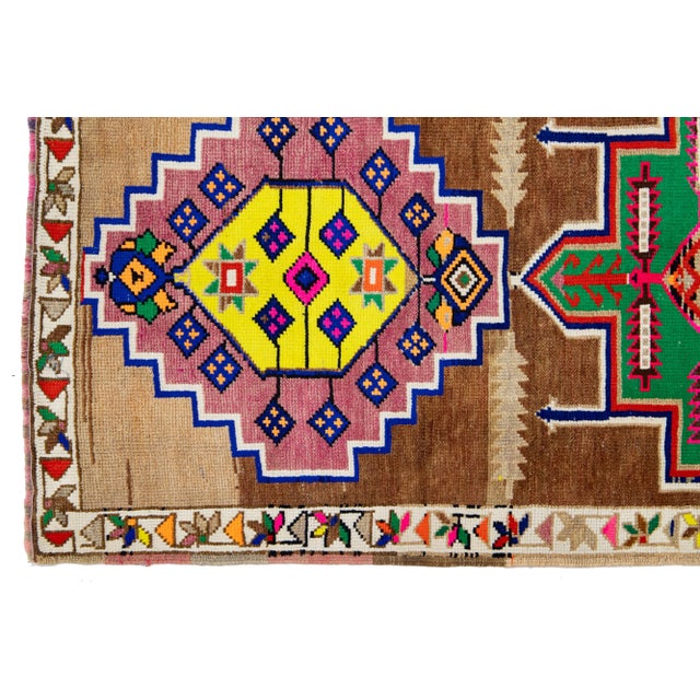 Brown Mid-20th Century Brown Vintage Turkish Wool Runner Rug With Geometric Pattern For Sale - Image 8 of 9