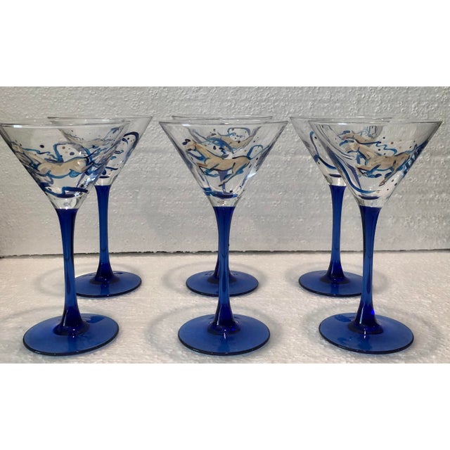 fabulous set of six mid century French blue stem martimi glasses. Beautifully hand painted in an equestria design. Glasses...