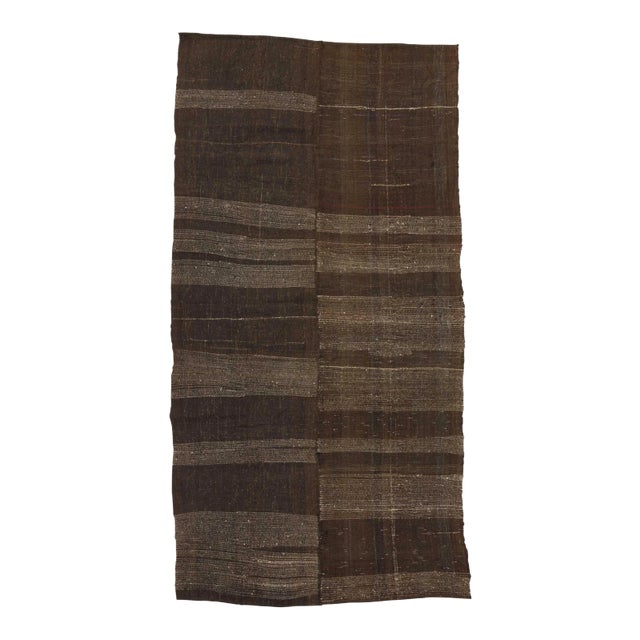 Vintage Handwoven Brown Kilim Rug - 6'4" x 12'4" For Sale