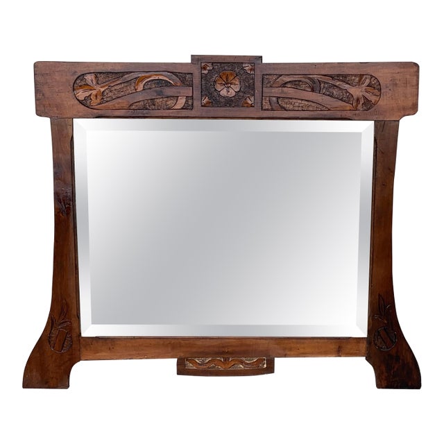 Antique Arts & Crafts Carved Oak Wall Mirror, circa 1920 For Sale