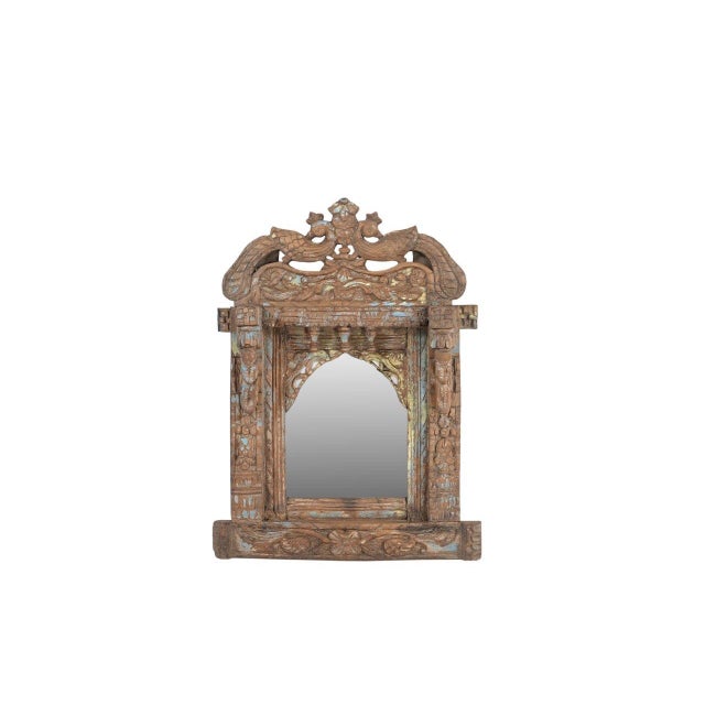 Indian Antique Indian Carved and Painted Teakwood Window – Mirror For Sale - Image 3 of 4