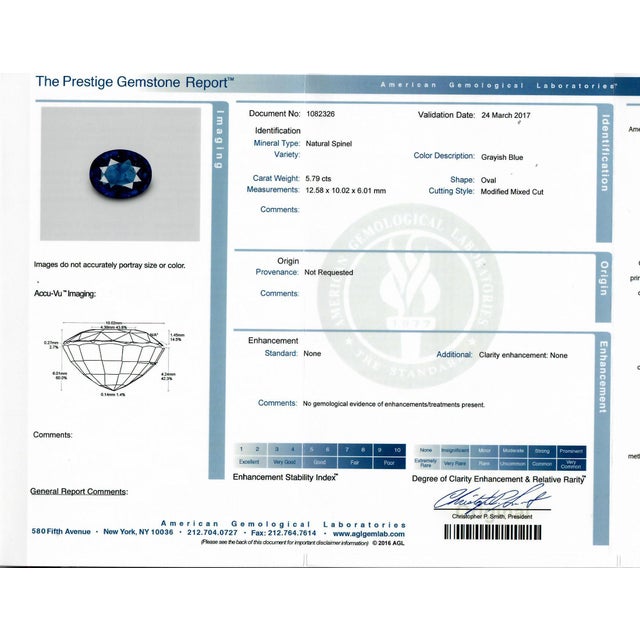 5.79 Carat Blue Spinel Diamond 18k White Gold Ring, Agl Certified, Size 6.75 For Sale In Los Angeles - Image 6 of 6