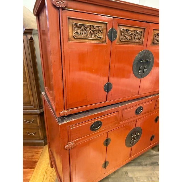 Red Vintage Asian Lacquered Cabinet For Sale - Image 8 of 12