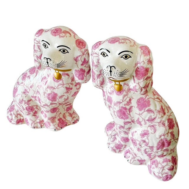 Pink Floral Staffordshire Style Spaniel Dog Figurines - a Pair For Sale In San Diego - Image 6 of 8