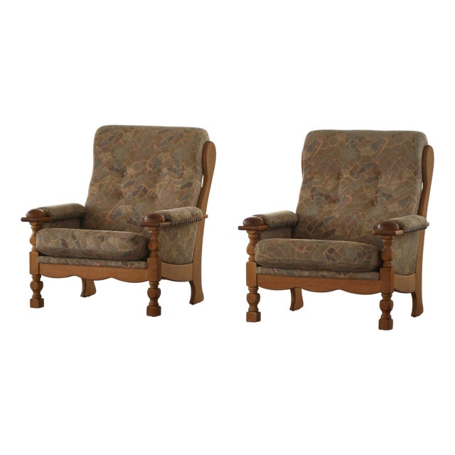 Vintage Danish Lounge Chairs in Oak and Textile by Henning Kjærnulf, 1950s, Set of 2 For Sale