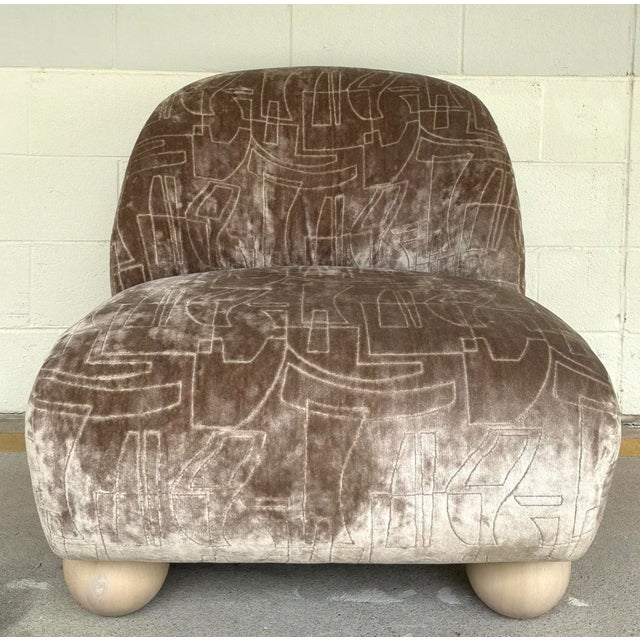 Original retail $6590, stylish sculptural Caracole Mod Brutalist Taupe Velvet Bora Bora Club Chairs Pair, beige wood,...