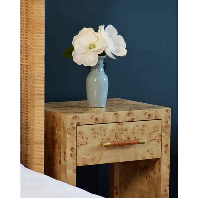Wood Matthew Izzo Home Pelham Light Burlwood One Drawer Side Table With Brass and Wrapped Rattan Handle For Sale - Image 7 of 7