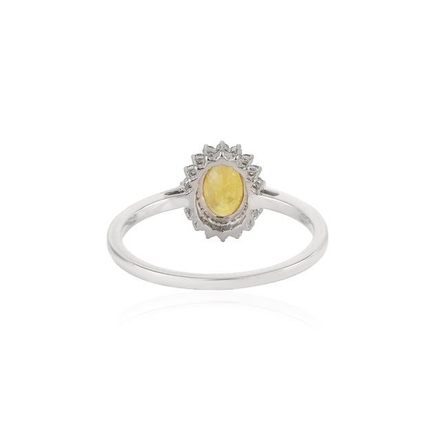 Oval Yellow Sapphire & Diamond Halo Vintage Ring in 14k White Gold Size 5.5 For Sale - Image 9 of 16