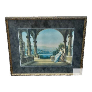 Vintage Twilight Lithograph Matted Print Framed Art Deco Uv Glass 1980s For Sale