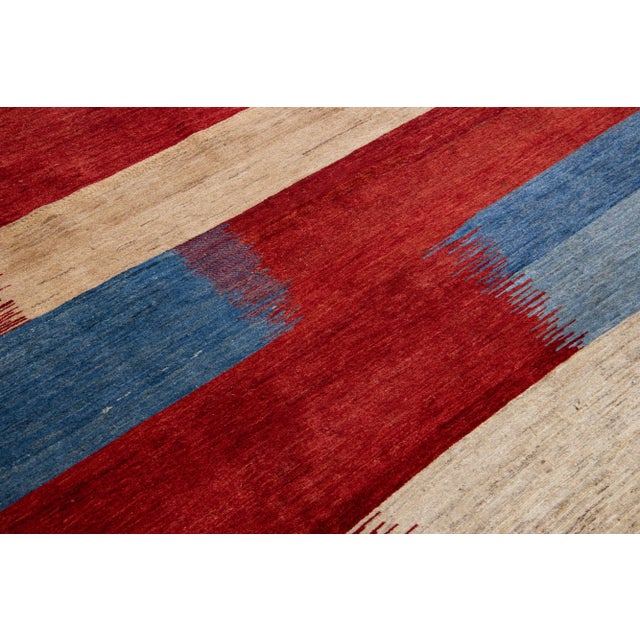 Textile Red Modern Handmade Shouli Gabbeh Persian Wool Rug With Abstract Motif For Sale - Image 7 of 10