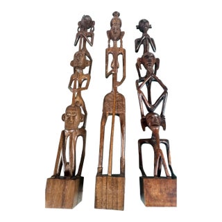 1960s African Ebony Stick Totem Figures, Malawi Tribal Wooden Sculptures 3 Pc For Sale