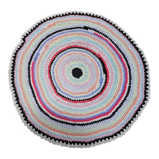 Antique American Braided Round Rug, Handwoven Folk Art, Red & Blue, 3x4 For Sale