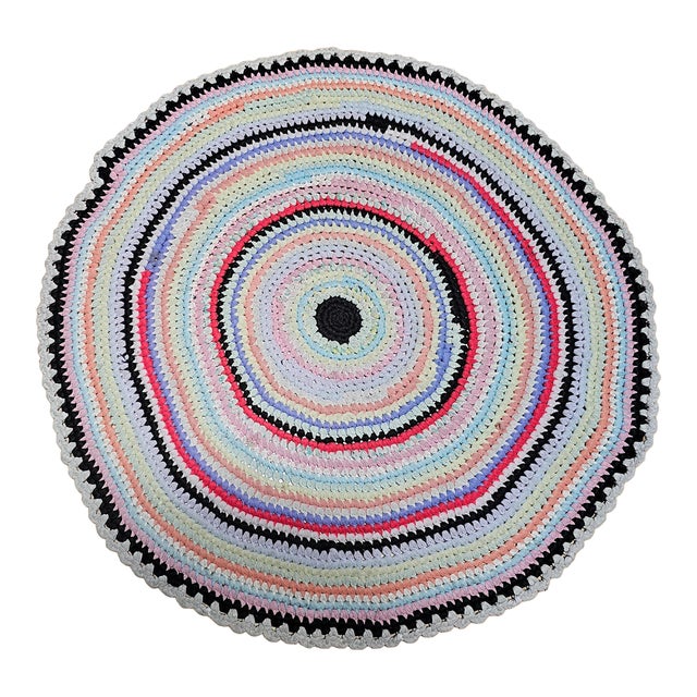 Antique American Braided Round Rug, Handwoven Folk Art, Red & Blue, 3x4 For Sale
