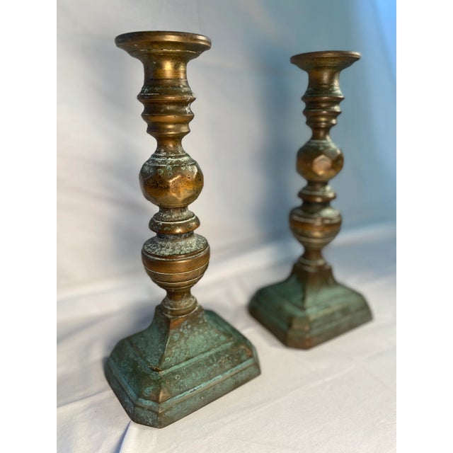 Antique 1800s English Brass Push Up Candlesticks- a Pair For Sale In Salt Lake City - Image 6 of 9